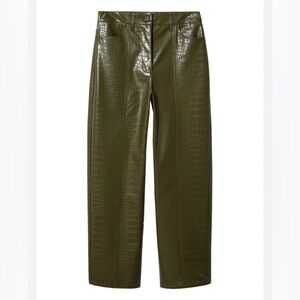 Mango Olive Green Croc-Embossed Pants